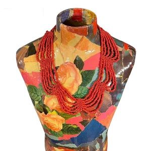 Red Beaded Bib Statement Necklace